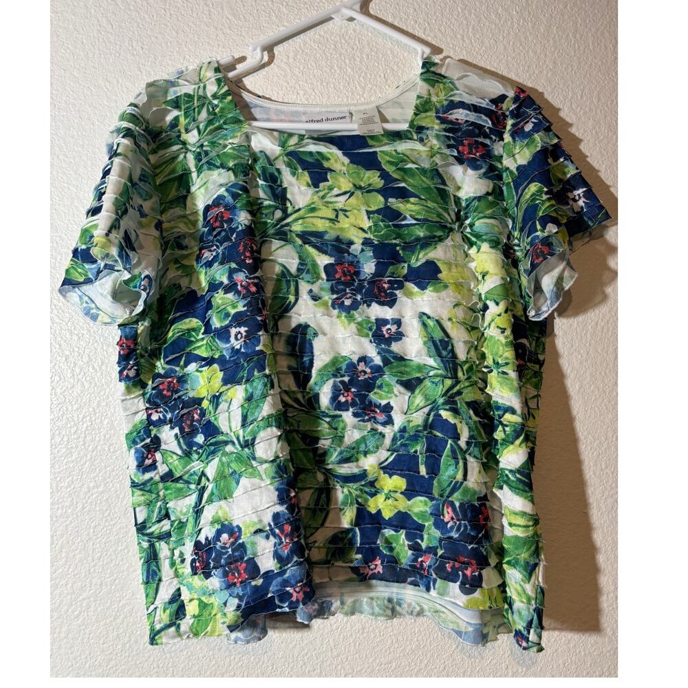 Alfred Dunner Sz L Petite Layered Floral Square Neck Short Sleeve Top Blue Green